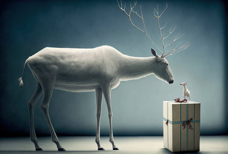 Christmas card with a present and a tall white reindeerの素材