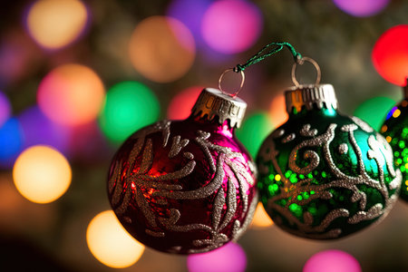 Christmas idea, close up of ornaments with multicolored bokeh in the backdropの素材
