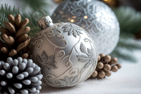 Christmas ornaments in silver and a fir treeの素材
