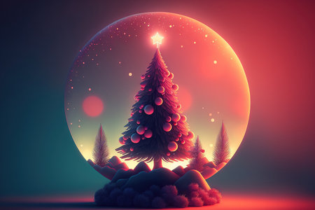 Christmas tree with a ball on top and hazy lights from a garland in the backgroundの素材