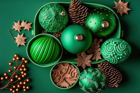Christmas toys and decorations on a green background. copyspaceの素材