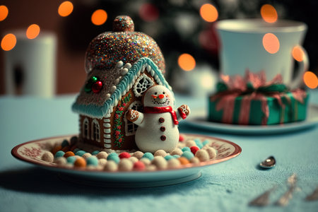 Christmas table centerpiece with a toy snowman and gingerbread homeの素材