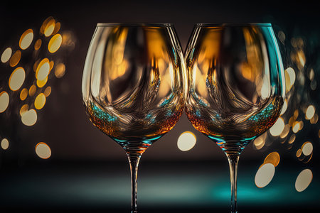 Clear wine glasses against a shiny backdropの素材