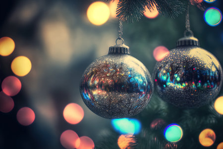 Christmas tree ornaments for the season. Blurred background of a getawayの素材