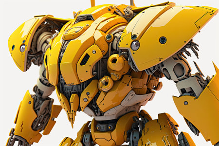 Close up of a yellow fighting robot on a white backgroundの素材