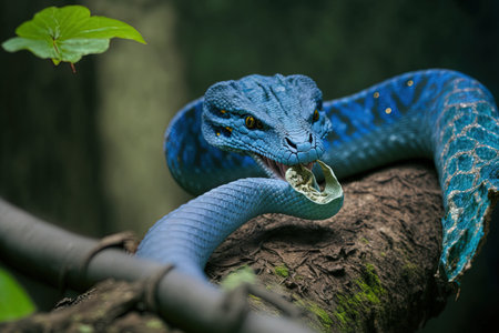 Close up of a blue insularis mammal being attacked by a blue viper snake on a branchの素材