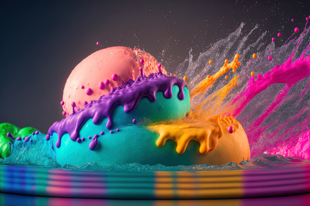 Close up of a colored bath bomb dissolving in waterの素材