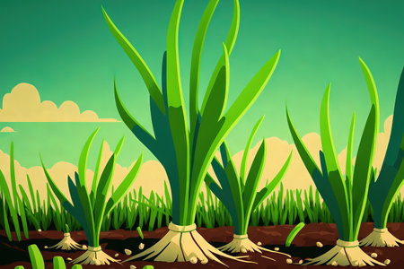 Close up of green onions growing in a field. harvest timeの素材