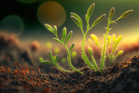 Close up of tiny green seedlings sprouting in the groundの素材