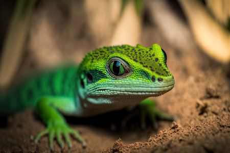 Close up of a little, green lizard with a black face lying on the groundの素材