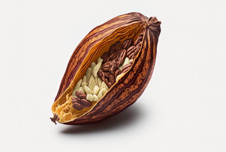 Cocoa pod half with dried beans in it, isolated on a white backdropの素材