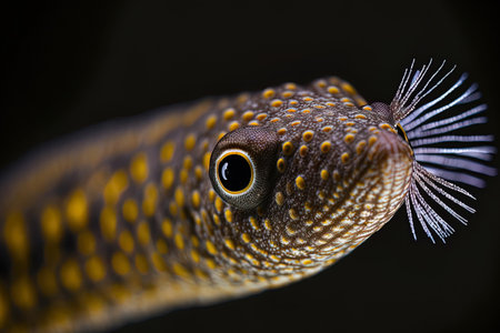 Close up of the head of a pipefish on a dark backdropの素材