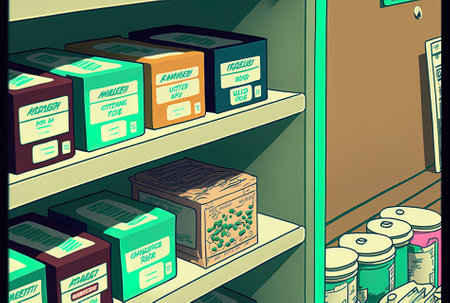 Close up of medication shelvesの素材