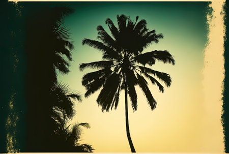 Coconut tree silhouette against a clear sky. retro filteredの素材