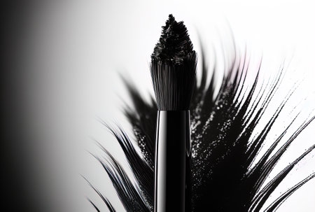 Close up of a black mascara brush on a white backdropの素材