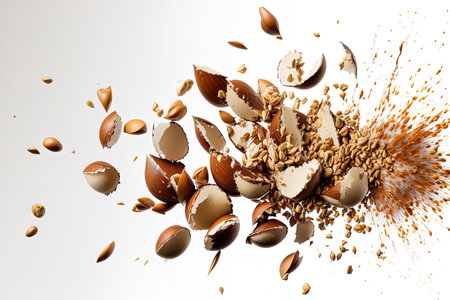 Close up of hazelnuts being shattered on a white backgroundの素材