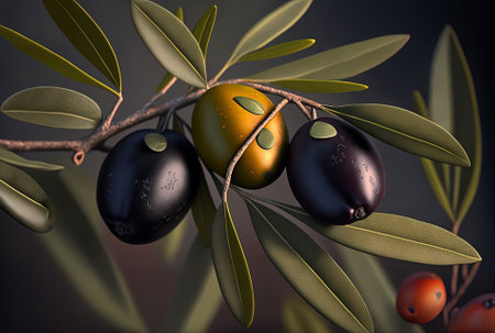 Close up shot of three organic olives. depiction of the fruits and foliageの素材