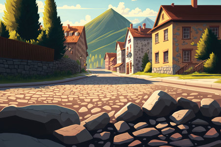 Cobblestone square and summertime views of the mountainsの素材