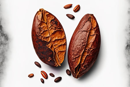 Cocoa beans in a pair, isolated on a white background. route clippingの素材