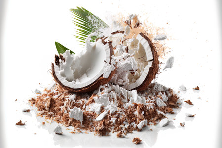 Coconut flakes piled high and isolated on a white backdropの素材