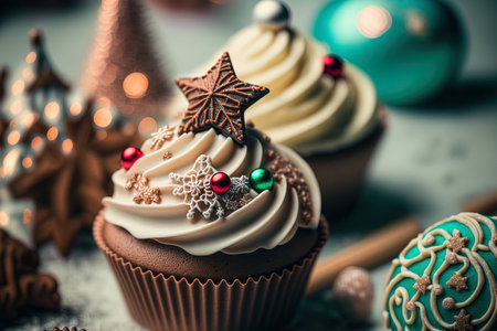 Closeup of holiday cupcakes with decorationsの素材