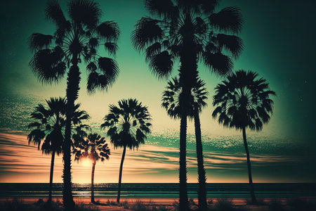 Coconut palm palms in silhouette on the beach at dusk. a retro toneの素材