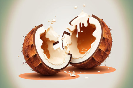 Coconut fruit split in half with oil leaking from it, isolated on whiteの素材