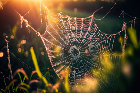 Close up of the spider web against a background of morning dew and sunlit cobwebの素材