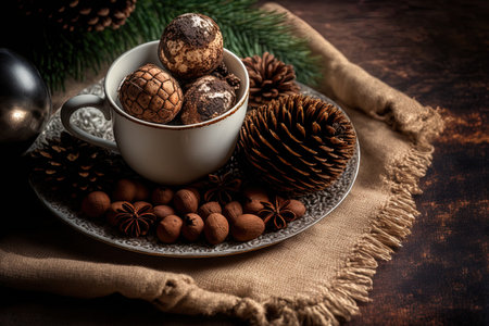Coffee aroma with Christmas balls and pinecones on tablecloth. superb photographの素材