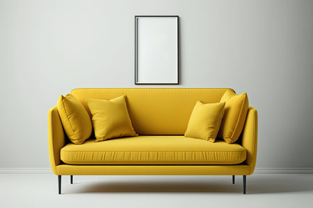 Comfy yellow sofa and blank frame hanging on light wallの素材