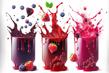 Collection of berry juice, fruit, and berry compote splashes on a white backgroundの素材