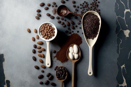 Coffee beans are flat lay on a gray plaster background with wooden spoons and a cupの素材