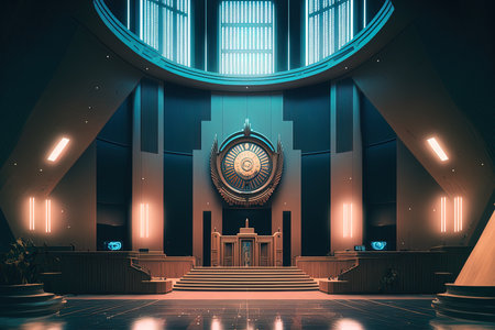 Concept of Governance with a futuristic luminous courtroom and government buildingの素材