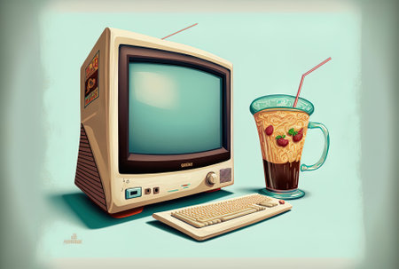 Computer with beverage, phone, and dishの素材