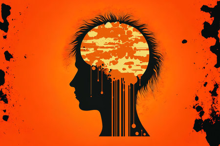 Concept of amnesia sickness with memory issues on an orange backgroundの素材