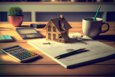 Concept of real estate financing and budgeting on a wooden tableの素材