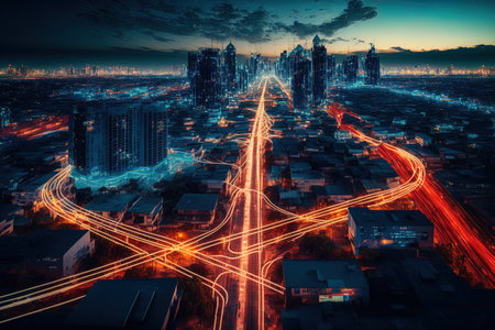 Connection lines and smart cities. Bangkok, Thailand Internet business ideaの素材
