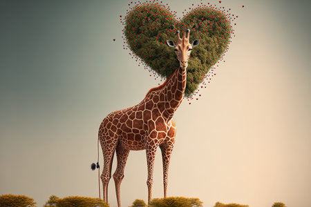 Cute giraffe in the wild with a heart and heart shaped treesの素材