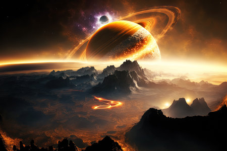 Cosmic scenery, brilliant science fiction wallpaper, with glowing gas giant ringsの素材