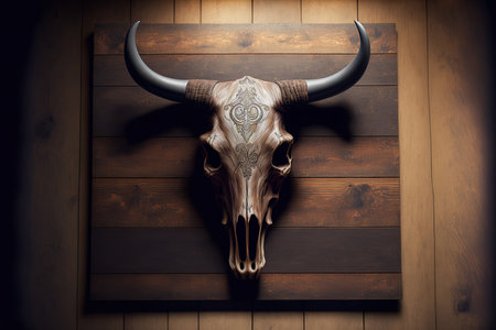 Cow skull front view on a wooden wallの素材