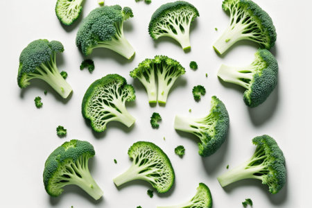 Crisp, green broccoli slices, contrasting against a white backgroundの素材