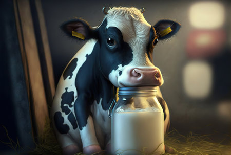 Cow holding milk in a cute wayの素材