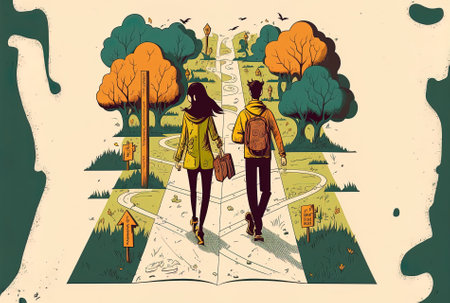 Couple walking down a straight path while studying a mapの素材