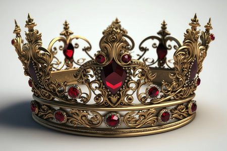 Crown in gold, set with rubies and red velvet, set against a white backgroundの素材