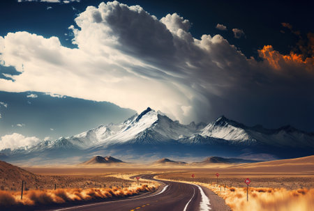 Curvy rural road with snow capped mountains and lovely clouds in the skyの素材