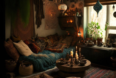 interior with cozy bohemian decorationの素材