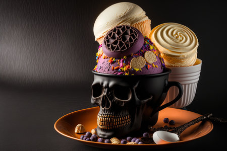 Cup with a skull on top and macaroonsの素材