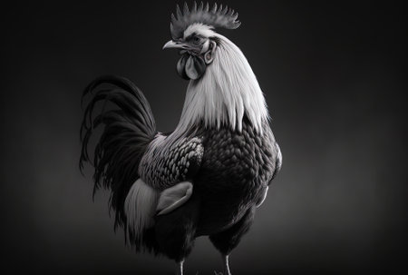 Cute black and white rooster in a portrait, standing aloneの素材