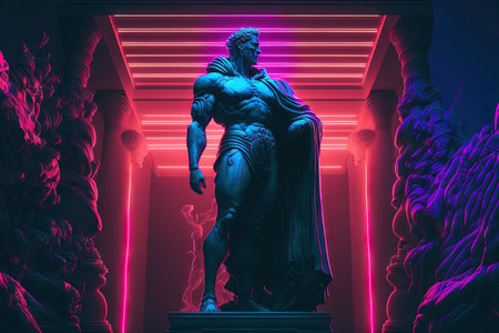 Cyberpunk background with a statue in neonの素材
