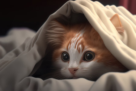 Cute red kitten cuddles up with a white blanketの素材